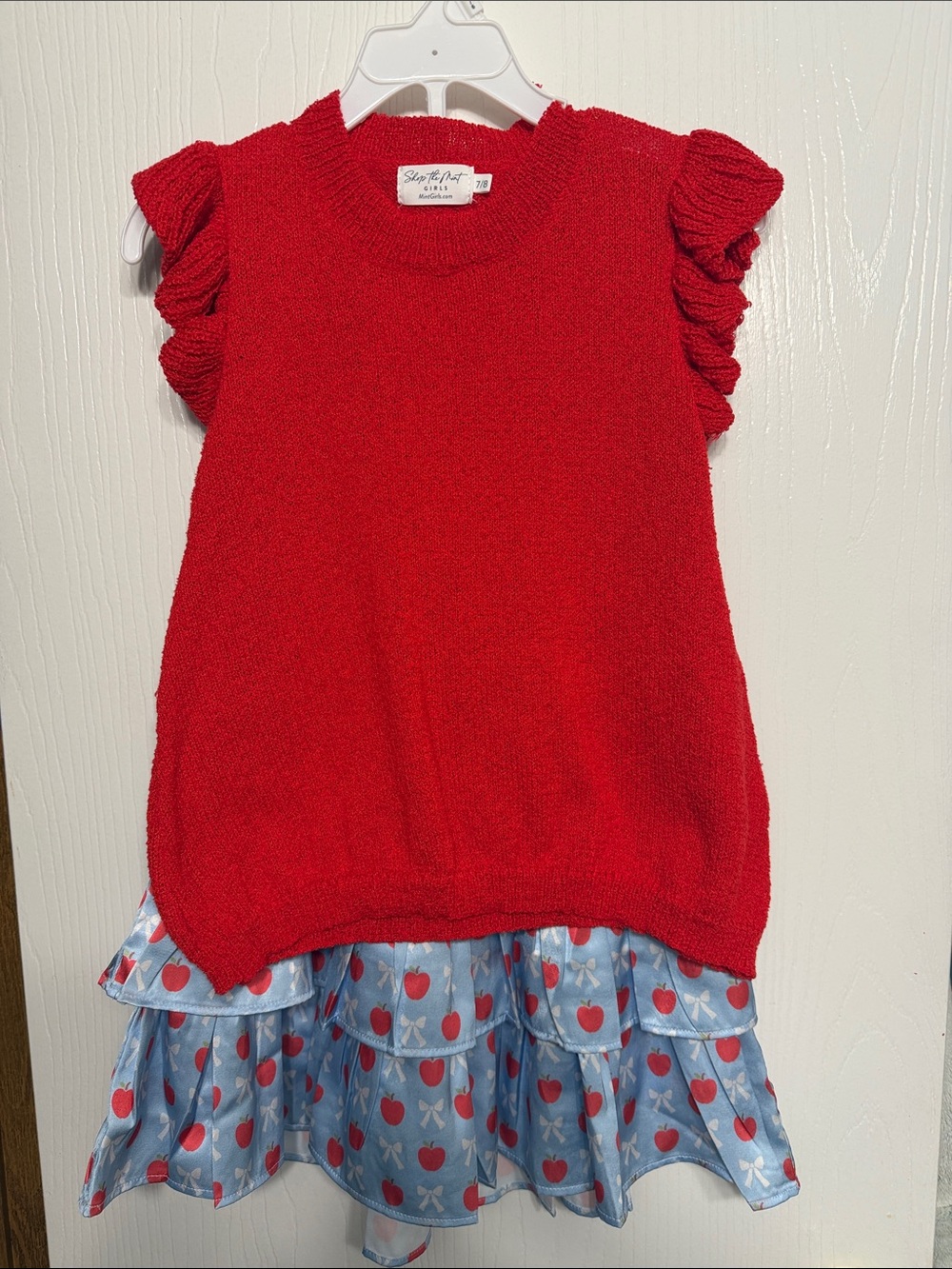 Red Ruffle-Sleeve Knit Top with Blue Apple-Print Skirt - Kids